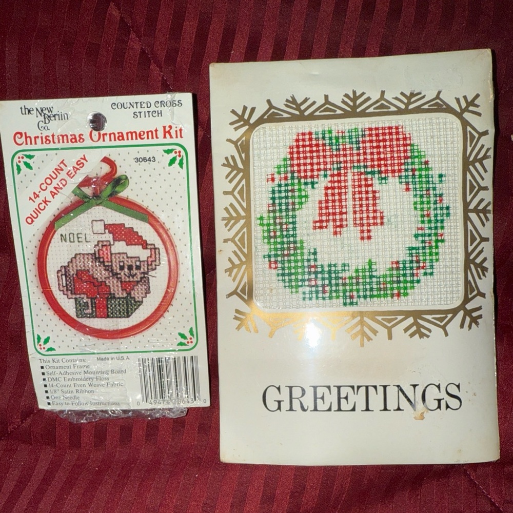 New Berrin Cross Stitch Lot of 2 Christmas Patterns Wreath & Mouse Vintage
